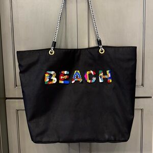 Designer Beach Bag Tote - black canvas with beaded lettering, fully lined.
